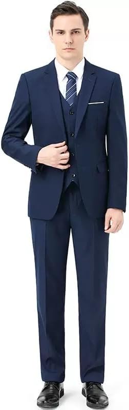 Mens Slim Fit 3 Pieces Suit, One Button Blazer Set, Jacket Vest & Pants Deep Blue