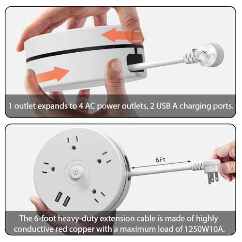 HITRENDS Multitomas de Viaje con Puertos USB, Cable de Extensión de 1.83 m, Multitomas Circular Retráctil con 4 Tomas y 2 Puertos USB, Montable en Pared con Gancho, Blanco miniatura 4