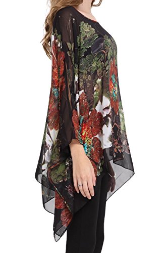 Qunsia Myosotis510 Women's Chiffon Caftan Poncho Tunic Top Cover Up Batwing Blouse Black #TOP3