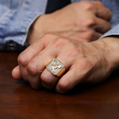 Metro Jewelry Eagle Signet Ring for Men in Stainless Steel with Yellow Gold Ion Plating and White Cubic Zirconia - Size 8 to 122