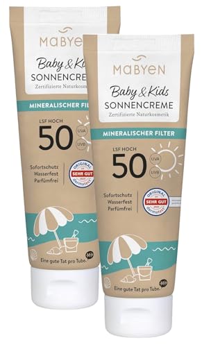 MABYEN 100% Mineralische Sonnencreme Baby & Kids LSF 50 Set,2x100ml – Sonnencreme Baby mit mineralischem UVA/UVB-Filter, Sofort-Schutz ohne Einwirkzeit – wasserfest, parfümfreie Naturkosmetik, vegan