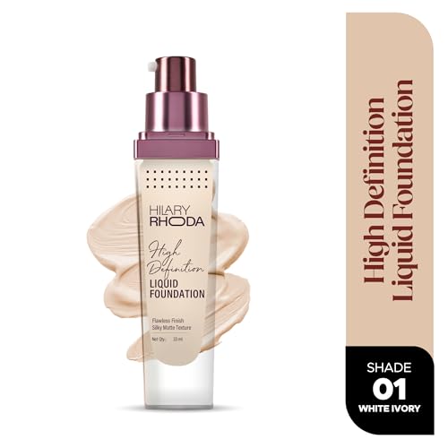Image of Hilary Rhoda High Definition Foundation for Women | Hides Pores & Blemishes | HD Foundation For All Skin Types | Blendable Formula | Natural & Matte Finish | High Coverage Liquid Foundation - 33ml (White Ivory - Shade 01)