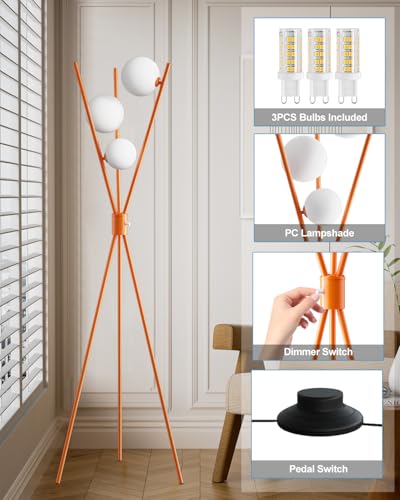 Image of Lightdot Globe Standing Lamps Stepless Dimmable Tripod Floor Lamp with 3PCS 3000K Bulbs Included Stable Base Orange Mid Century Modern Floor Lamp for Living Room /Bedroom /Sofa Beside /Corner Decor