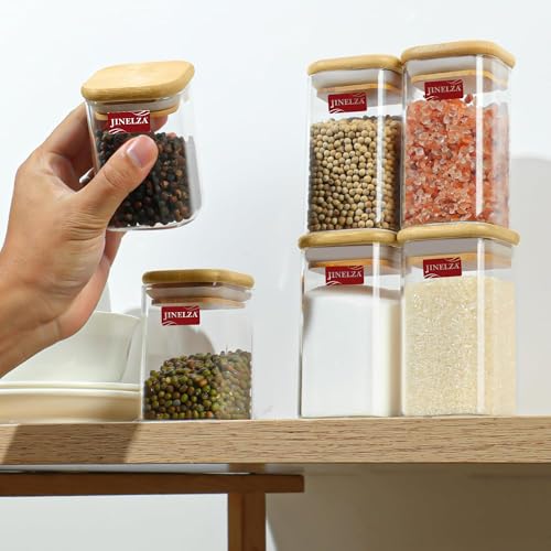 Image of 270 ml Glass Jars with wooden lid Glass Jar set food storage containers Borosilicate Glass Jar Set /Suit for Sugar, Salt, Coffee, Tea, and Other Dry Food Storage (270ML SQUARE JAR, 6 PCS)