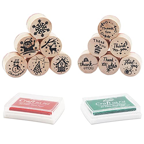 Christmas Stamp Rubber Set,Wooden Silicone Thank You Stamp Set, Snowflake Stamp & Greetings Stamps & Santa Claus for Letter Card Making, Friendly Wooden Christmas Rubber Stamp Party with Ink Pad
