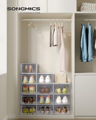 Image of SONGMICS Shoe Boxes, Pack of 12 Shoe Storage Organizers, Stackable Clear Plastic Boxes for Closet, Sneakers, 13.1 x 9.1 x 5.6 Inches, Transparent and Gray ULSP006G12