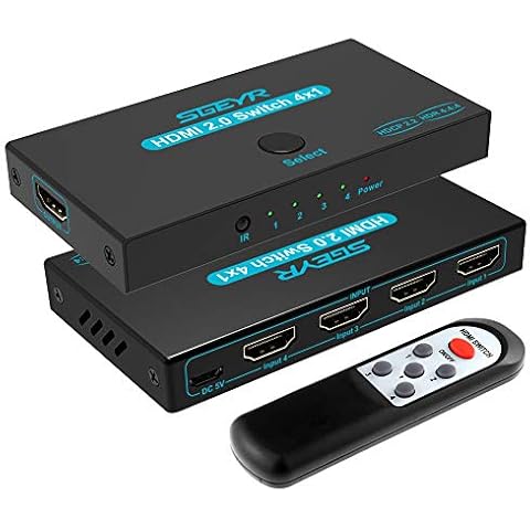 SGEYR HDMI 2.0 Switch 4 Port, HDMI Switch Splitter 4 in 1 Out, Metal HDMI Switcher 4K with IR Remote, Support HDCP 2.2 Support 4K@60Hz Ultra HD 3D 2160P 1080P, Compatible for PS3/PS4,Xbox Cover