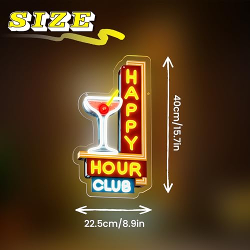 Image of Happy Hour Neon Signs Dimmable Retro Led Happy Hour Club Neon Light for Bar Club Pub Party USB Powered Neon Light Sign Man Cave Gifts(Yellow)