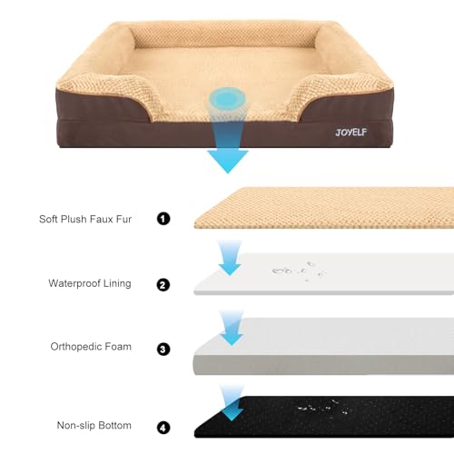 JOYELF Orthopädisches Hundebett für extra große Hunde, Schaumstoff-Sofa-Couch-Bett, wasserdichtes Haustierbett mit abnehmbarem, waschbarem Bezug und rutschfestem Boden für Hunde - Kaffee