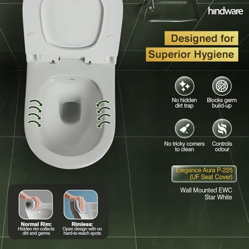 Image of Hindware Italian Collection Elegance Aura Commode for Bathroom | P-225 Trap | Made of Ceramic | 12-year Manufacturer Warranty | Rimless Design | Duroplast /UF Seat Cover | Soft Close | Wall Mount