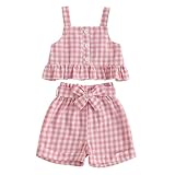 Toddler Girl Outfits Set Ruffled Button Strap Crop Tops Plaid Shorts Set Matching Bowknot Belt Summer Clothes Set (Pink, 4T)