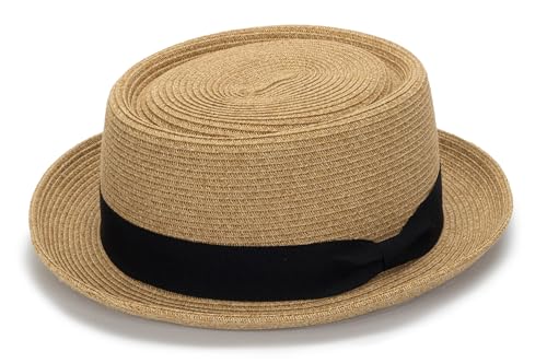 KorhLeoh Summer Pork Pie Strohhut 1920er Bowler Flat Top Fedora Hut Kostüm Party Cap für Männer Frauen Unisex