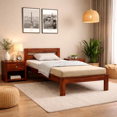 Image of KR Furniture Solid Sheesham Wood Single Bed for Adults & Kids | Solid Sheesham Wood Single Cot with Headboard | Strong Wooden Frame for Bedroom, Guest Room & Hostel | 6 * 3 ft | Honey Finish