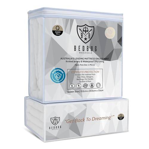 Queen - Waterproof Mattress Encasement, for Dust Mites, Allergen Particles, Bed Bugs & Spills, Full Zip Mattress Cover By Bed Bug Wholesale - (152cm x 203cm x 33cm)