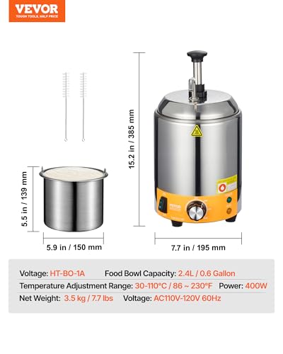Image of VEVOR Electric Cheese Dispenser with Pump, 2.4L Commercial Hot Fudge Warmer, Stainless Steel Pump Dispenser, 86-230℉ Temp Adjustable Nacho Cheese Sauce Warmer, for Hot Fudge Cheese Caramel