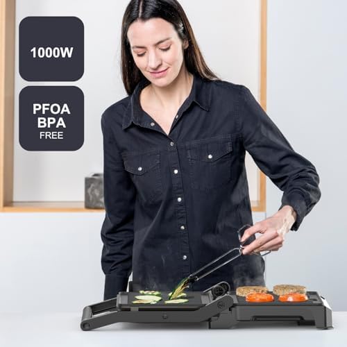 Black+Decker Grill Elettrico BXGR1001E 1000W | Piastre Antiaderenti Doppio Strato PFOA Free 23x14,5cm | Apertura 180º Pi
