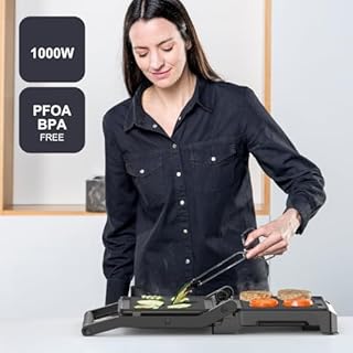 Black+Decker – Grill BXGR1001E | 1000W | Apertura 180º | Piastre 23x14,5cm con blocco | Doppio strato antiaderente | PFOA free | Piastra basculante | Vaschetta di raccolta | Spie luminose | Cool-touch