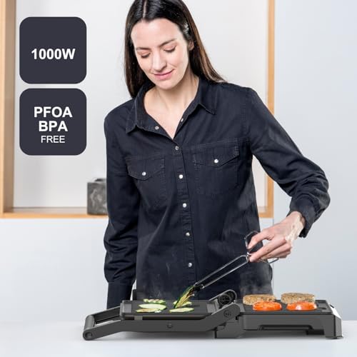 Black+Decker – Grill BXGR1001E | 1000W | Apertura 180º | Piastre 23x14,5cm con blocco | Doppio strato antiaderente | PFOA free | Piastra basculante | Vaschetta di raccolta | Spie luminose | Cool-touch - Immagine 1