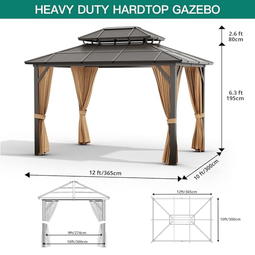 GAOMON 10'x12' Hardtop Gazebo, Outdoor Polycarbonate Double Roof Canopy, Aluminum Frame Permanent Pavilion with Curtains and Netting, Sunshade for Garden, Patio, Lawns by GAOMON - Image 6
