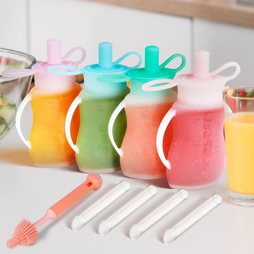 SHGUMITE Baby Food Pouches - 4 Pack Reusable Food Pouches for Toddler Kids, Leakproof Silicone Pouches for Puree, Yogurt, Dishwasher Safe Baby Food Storage, with Straws