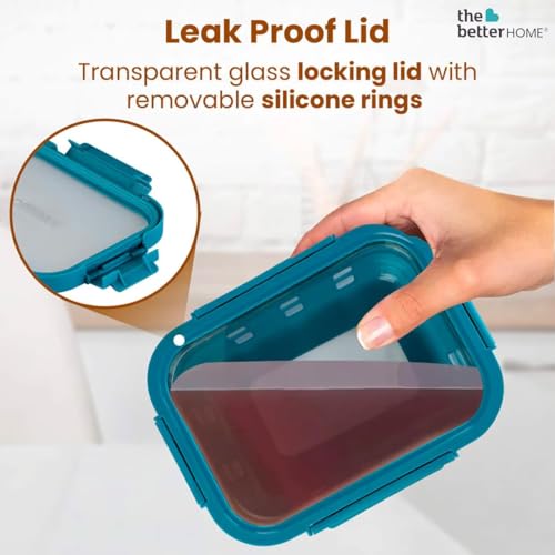 Image of The Better Home Borosilicate Glass Food air Tight Glass Container for Kitchen Set of 3 Blue | Silicone Sleeves & Lock Lids | Kitchen containers Set | Microwave-Safe| Lunch Box | 1050ml 640ml 370ml