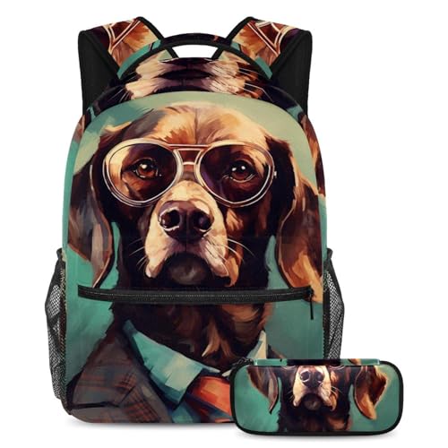 Cartable de grande capacité Cool Sunglasses Dog 67 sac à dos avec trousse pour étudiants