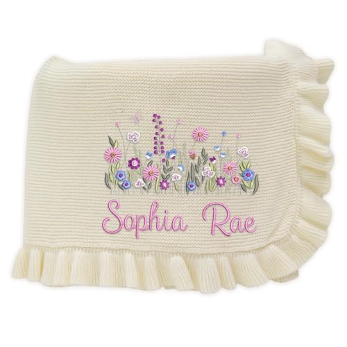 SWaddle AN Wildflower Nursery Quilt Blanket with Ruffle Edge – Custom Embroidered Floral Name Blanket, Personalized Newborn Gift for Girls, Soft...