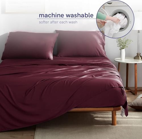 YnM Cooling Bed Sheet Set with 100 Percent Rayon Derived from Bamboo, 400TC Fabric with 2 Pillowcases and Flat Sheet, Deep Pocket Fit 19'', Silky-Soft & Sweat Wicking, 4 Piece (Queen, Rose Purple) - Thumbnail 2