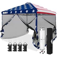 EAGLE PEAK 10x10 Outdoor Easy Pop up Canopy with Netting, Instant Screen Party Tent with Mesh Side Walls, American Flag