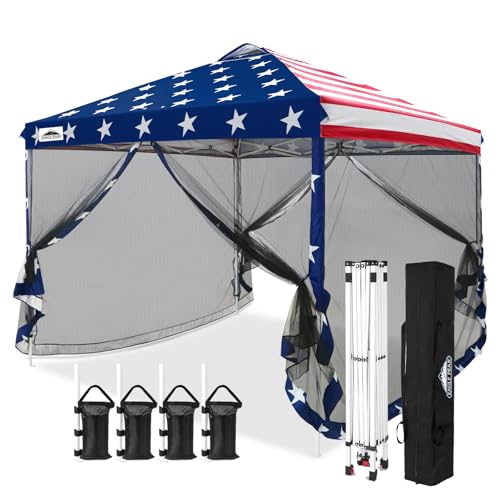 EAGLE PEAK 10x10 Outdoor Easy Pop up Canopy with Netting, Instant Screen Party Tent with Mesh Side Walls, American Flag