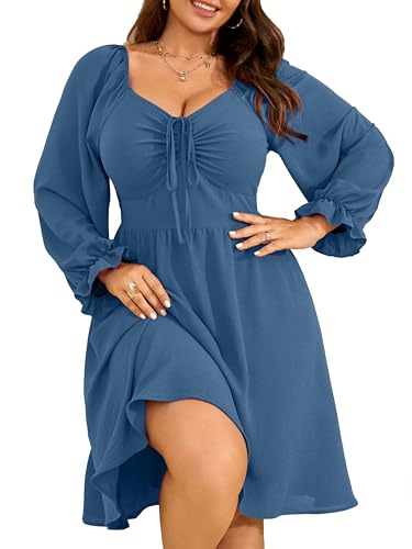 RWJ Women Plus Size Long Sleeve Dress Fall Mini Wedding Guest Tie Front Sweetheart Neck A-Line Casual Dresses 2025