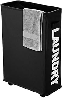 IHOMAGIC Foldable Laundry Basket On Wheels Slim-line Laundry Bin with Handle Collapsible Waterproof Laundry Hamper Rolling Dirty Clothes Storage Hamper, L39 xW18.5 xH58cm (Slim, Beige)
