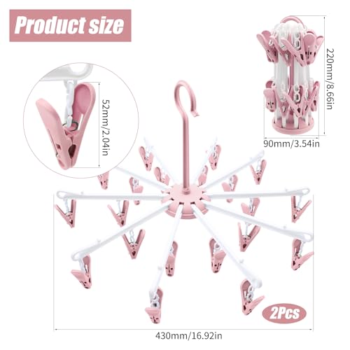 NVGFTG 2 Stück Sockentrockner Wäscheständer Trockenkarussell mit 40 Clips Mini Wäschespinne Klein Sockenhänger Faltbarer Sockenhalter Wäscheständer für Socken Unterwäsche Kleine Kleidung (Rosa)