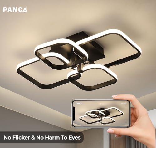 Image of PANCA Modern LED Chandelier Light for Ceiling | 3-Color Dimmable Ceiling Light with Remote Control | Acrylic Flush Mount Fancy Lighting for Living Room, Bedroom & Hall (58x45x12cm, Black)