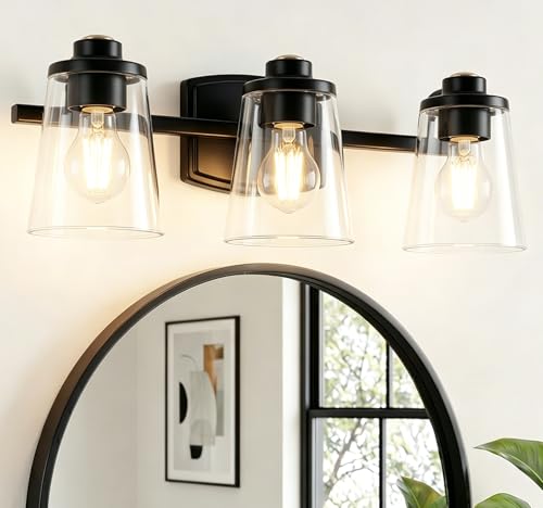 Image of 3-Light Bathroom Vanity Light Fixtures, 18 Inch Black Vanity Light | Thick Clear Glass, Bathroom Wall Lamp for Mirror, Rust-Proof, Reversible Up /Down Mount, ETL Certified, E26 Ceramic Sockets