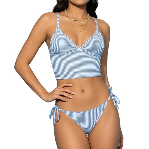 Tankini col haut 2 pièces coloré pour femme avec string et doublure douce