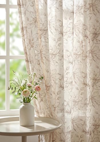 Image of THREE GIRLS Floral Linen Curtains Light Filtering Vintage Farmhouse, Back Tab Rod Pocket Cottage Core Magnolia Print Drapes for Living Room Bedroom Dining Room, Beige on Beige, 95 Inches, 2 Panels