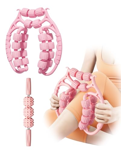 AwnPror Massage Roller for Legs,21 Wheel Circular Leg Clamp+3 Wheel Massage Roller Stick Lymphatic Massage for Relieve Soreness Stiffness Tight Muscles Deep Tissue-Pink