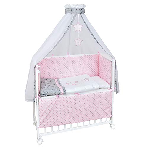 Baby Delux Beistellbett Babybett Stubenwagen weiß 90x40 mobil mit Rädern inkl. Matratze Bettwäsche Set (Magic Stars Rosa)