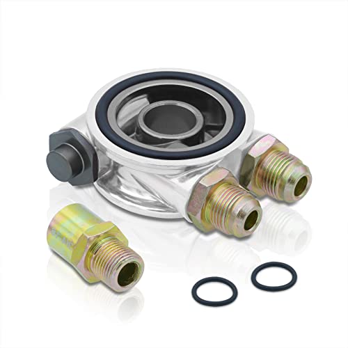 AJP Distributors Upgrade JDM Universal 3/4-16 UNF Car Engine Oil Filter Cooler Relocator Sandwich Adapter Plate Kit 10AN AN10 Fitting + Thermostat Control Aluminum Anodized Chrome