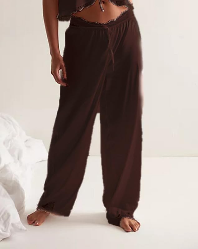 Women's Silky Satin Pajama Pants Lace Trim Wide Leg Loungewear Bottoms Elastic Waist Drawstring Casual Sleep Trousers