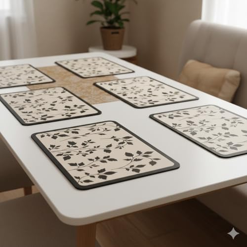 Image of YELONA Leather Dining Table Placemats Set of 6 - Waterproof, Heat Resistant, Anti-Slip, Easy to Clean Table Mats for Dining Table, Kitchen & Home Decor (Black Botanical, 40 x 30 cm)