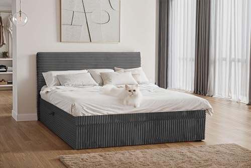 Kaiser Möbel - Bett 180x200 cm, Boxspringbett mit Bettkasten und Topper, Cord Schlafzimmerbett, Doppelbett mit Stauraum und Gepolstertes Kopfteil, Toppermatratze aus Viscoschaum - Trento - Graphit