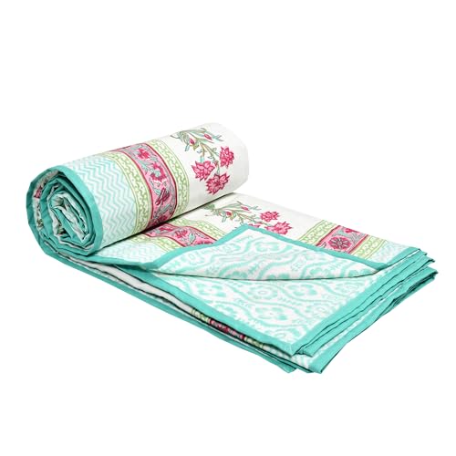 Image of BLOCKS OF INDIA 100% Cotton Dohar King Size Reversible Hand Block Printed Malmal Summer Dohar /Blanket (Turquoise Flower)