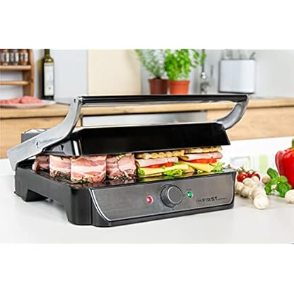 TZS First Austria Tischgrill, Elektrogrill für den Tischgebrauch, Grillplatte für Fleisch & Gemüse, 180°-Öffnung, Kontaktgrill mit Antihaftbeschichtung, in Schwarz/Edelstahl, 900 W – Bild 5