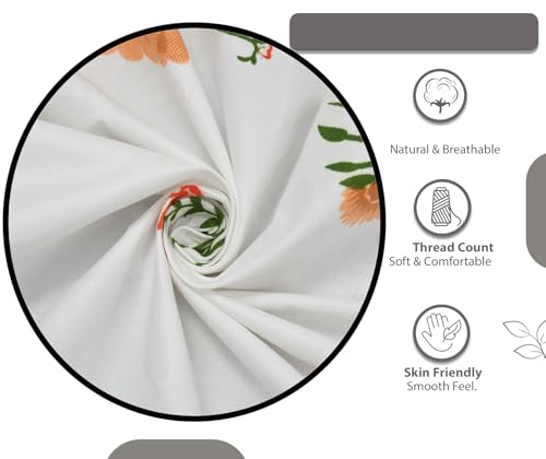 Image of Ezyption Cotton Super Soft 240 TC Elastic Fitted All Around Elastic Printed King Size Double Bed Bedsheet with 2 Pillow Cover 72 inch X 78 inch White Orange