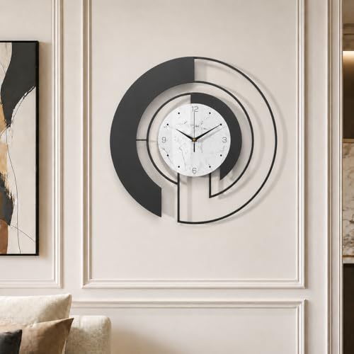 TULFO 18-Inch Modern Large Metal Wall Clock, Marble-Patterned Tempered Glass Dial, Silent, Non Ticking, Battery Operated Black Creative Clock, for Bedroom and Living Room Home Wall Decoration