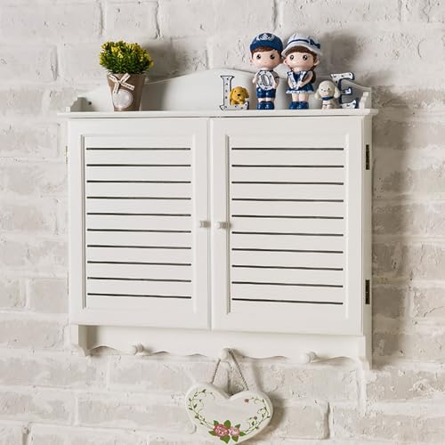 Decorative Electrical Panel Cover, Retro Meter Switch Box, Wooden Hide Breaker Box Cover, with Hooks and Handles, Flip-top Cabinet Doors Design(White,58 * 45cm/22.8 * 17.7in)