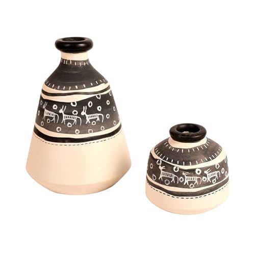 Image of AAKRITI ART CREATIONS Owl Wall Decor Shelf with 2 Pots Handcrafted in Wood | Warli Art Wooden Hanging Shelf with Vases | Matte Finish Decorative Wall Art for Living Room, Entryway & Gifting