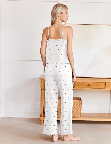 Image of Ekouaer Womens Y2K Cami Pajama Set with Flare Pants, 2 Piece Lace Trim Sleepwear Spaghetti Strap Pjs Set XS-2XL